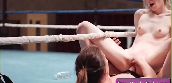  Sexy and horny lesbian hotties Ariel X, Mackenzie Moss enjoy fucking with thick strap-on dildo on the wrestling ring